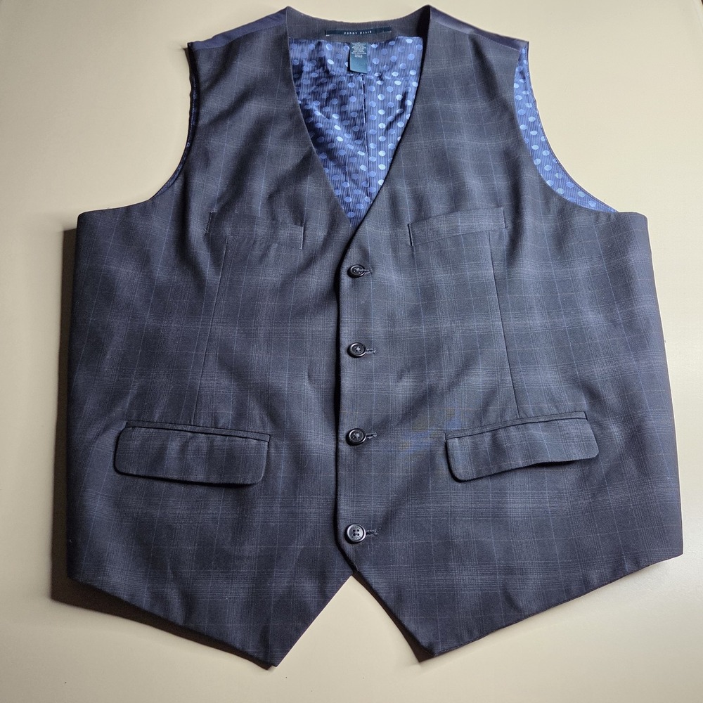 Perry Ellis Men's Blue Plaid Dress Vest L Polka Dot Lined Waistcoat